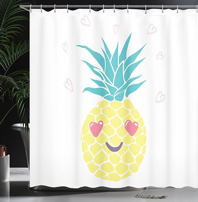 Ambesonne Tropical Shower Curtain, Pineapple Design a Smile and Heart Eyes Exotic Love Themed Fruit Portrait, Cloth Fabric Bathroom Decor Set with Hooks, 69" W x 75" L, Turquoise Yellow