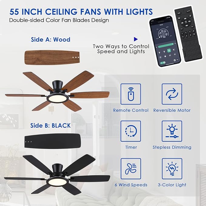 BYKISTOK 55in Black Flush Mount Ceiling Fan - RGB Low Profile Ceiling Fan Light with Remote-APP, Dimmable and 3CCT, Modern Fan with RGB Light for Indoor and Covered Outdoor