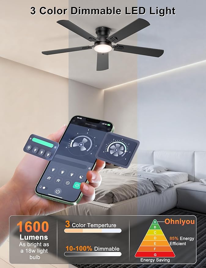 Ohniyou Ceiling Fans with Lights, 52 Inch Low Profile Ceiling Fan with Light and Remote/APP Control, Flush Mount, Dimmable, Quiet DC Motor, Black Ceiling Fan for Bedroom, Living Room