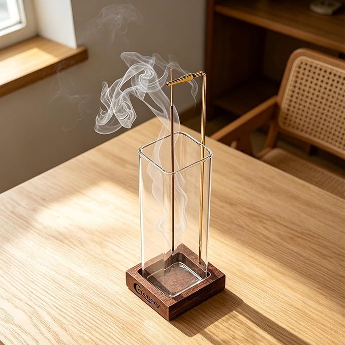 Ceremony Incense Holder, Wooden Incense Holder for Sticks with Glass Ash Catcher, Anti-ash Incense Burner with 20 Incense Sticks and a Ash Brush for Meditation Yoga Spa Room Decor