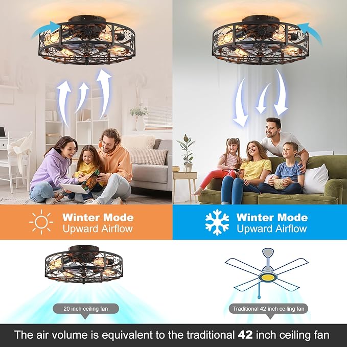 20'' Caged Ceiling Fan with Lights and Remote Control,Small Farmhouse Bladeless Low Profile Ceiling Fans Lights,Industrial Flush Mount Low Profile,Reversible Motor 6 Speeds for Bedroom,Living Room