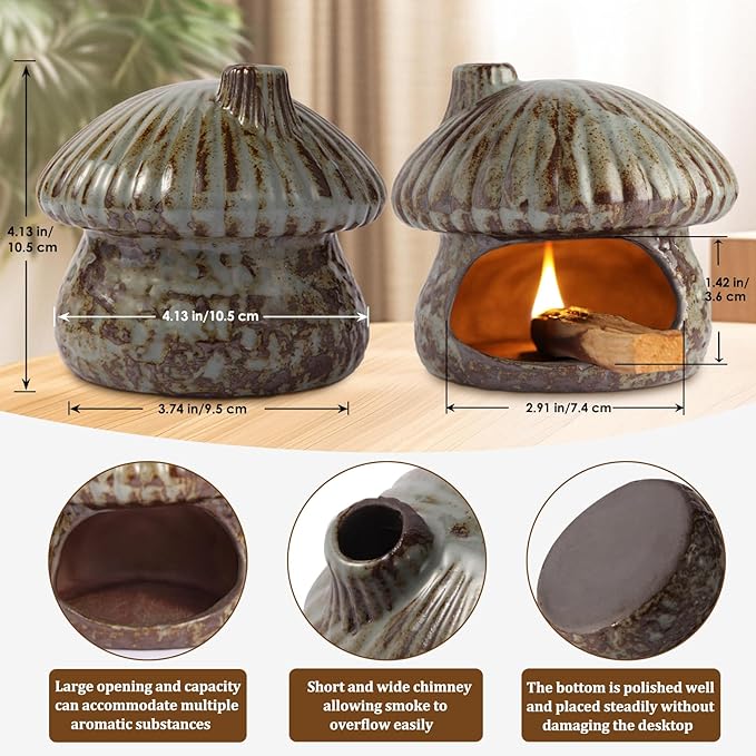 Palo Santo Holder Mushroom Shape, Ceramic Sage Holder for Burning Palo Santo Burner for Meditation, Yoga and Relaxation(Green)