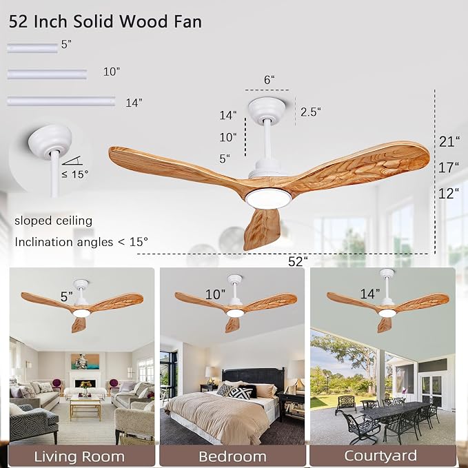 52In Wood Ceiling Fan with Lights,Noiseless Reversible DC Motor with Remote | tung walnut wood blades, silent reversible dc motor, remote control, dimmable 3cct led, indoor outdoor for farmhouse patio