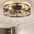 VOLISUN Farmhouse Caged Ceiling Fans with Lights Flush Mount, 19.7'' Rustic Low Profile Ceiling Fan with Light and Remote, Bladeless Fandelier Ceiling Fans with Lights for Kitchen, Bedroom-Gold