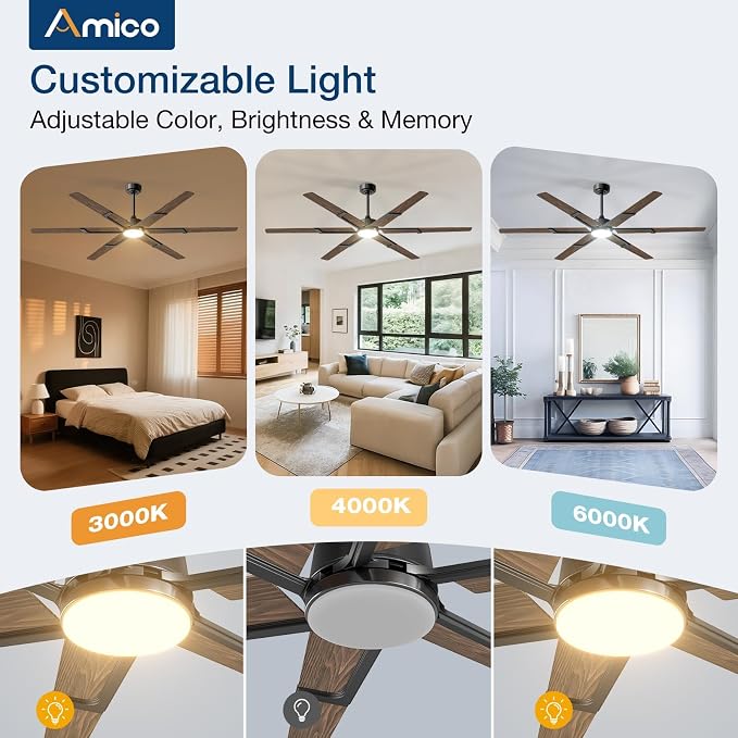 Amico Ceiling Fans with Lights and Remote, 72 Inch Walnut Indoor/Outdoor Ceiling Fan with 6 Speed, Reversible DC Motor, 3CCT, Dimmable, Noiseless modern ceiling fan for Bedroom, Living Room, Patio