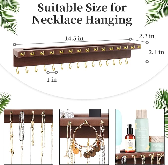 YYILIS Necklace Holder, Upgraded Extra Large Wall Necklace Organizer with 30 Hooks Wall Mounted Necklace Hanger with Jewelry Tray/Cosmetics Shelf Rustic Pine Wood Holder (Walnut)