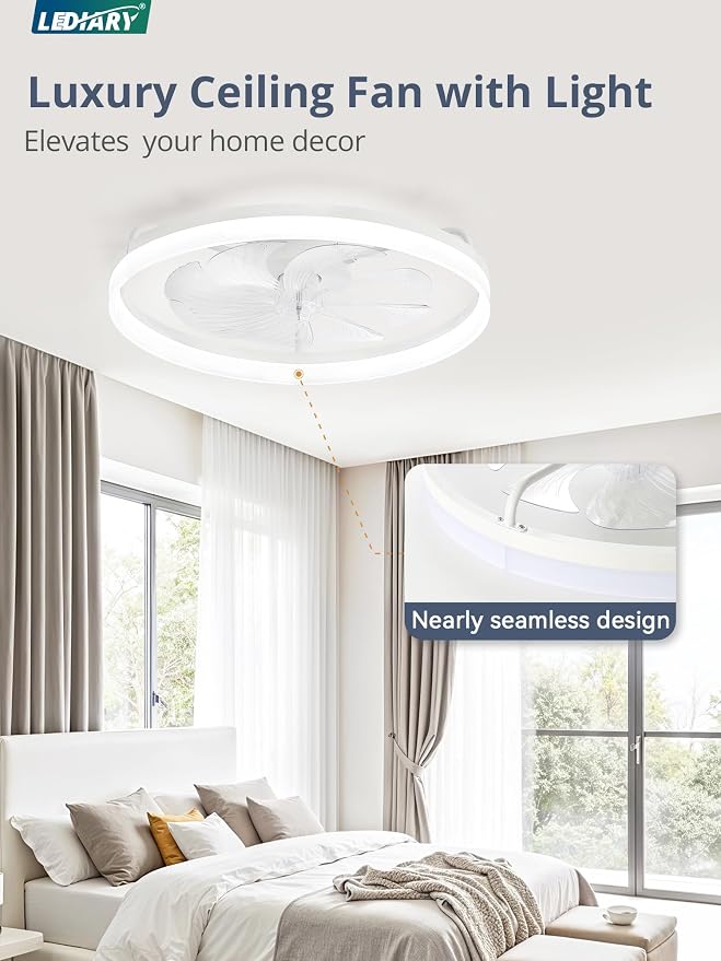 LEDIARY Ceiling Fans with Lights, 23 inch Low Profile Flush Mount Ceiling Fan, Dimmable LED, APP & Remote Control, Quiet Reversible DC Motor, 6 Speeds, Fandelier for Bedroom, White