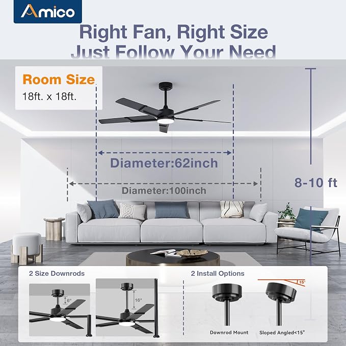 Amico 62 Inch Ceiling Fans with Lights and Remote, Black Indoor/Outdoor Ceiling Fan with 6 Speed, Reversible DC Motor, 3CCT, Dimmable, Noiseless modern ceiling fan for Bedroom, Living Room, Patio