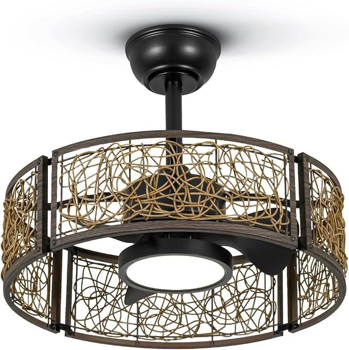 TALOYA 20 Inch Caged Ceiling Fans with Lights Chandelier Remote Control Flush Mount Low Profile for Bedroom Living Room Patio,Reversible,Buzzer Mute,Dimmable Led Light Included,Fandelier,Black