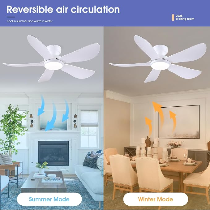 Kviflon 46 Inch Modern Ceiling Fans with Lights, Flush Mount Ceiling Fan with Light and Remote/APP Control, 5 Reversible 6 Speeds Curved Blades, 3 CCT Dimmable Lights for Bedroom, White