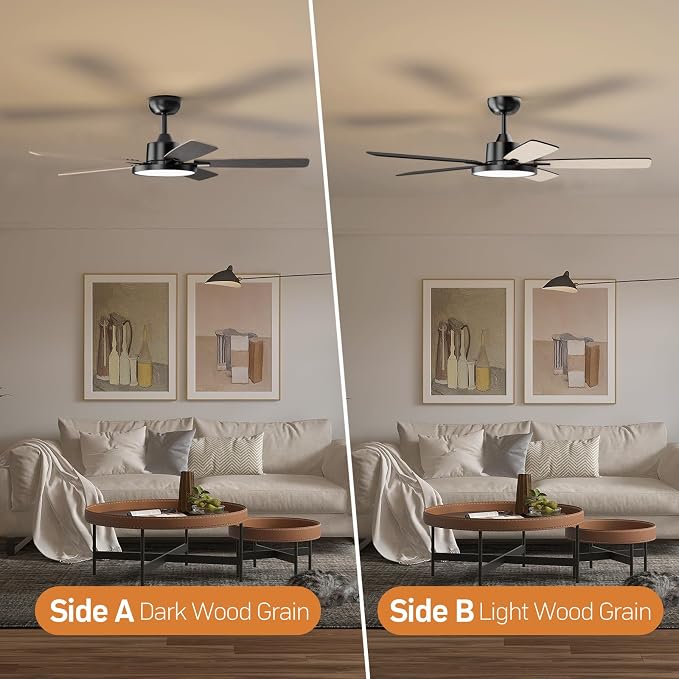 TALOYA 52 Inch Black Walnut Smart Ceiling Fans with Lights Led Remote Control Flush Mount Low Profile for Bedroom Living Dining Room Outdoor Patio,Reversible,DC Motor,3 Color Temperatures,5 Blades