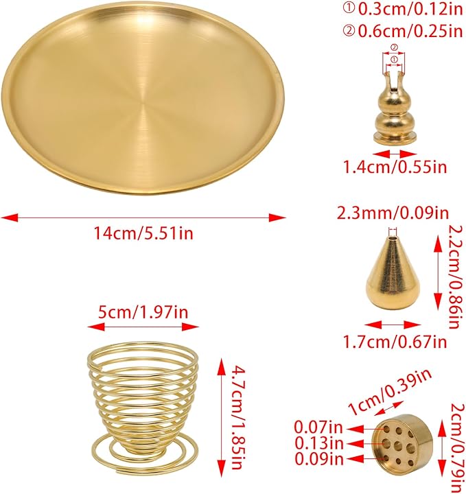 5 in 1 Incense Burner, 5.51 Inch Incense Holder Set for Incense Sticks, Coil Incense and Incense Cones, Multi-Functional, Brass Ash Catcher, Gourd-Shaped Tray（Gold）