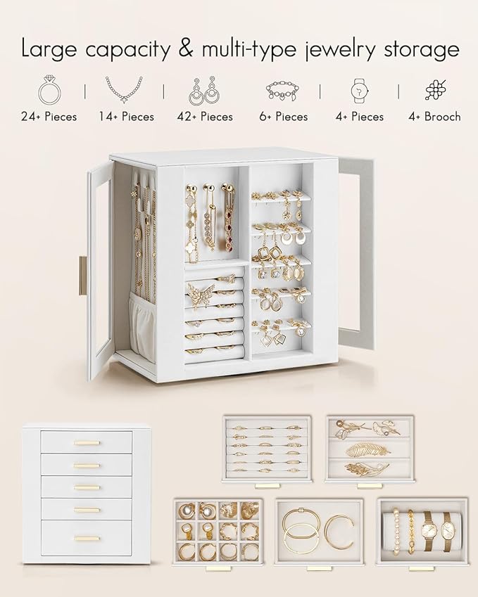 VLANDO 360° Rotating Jewelry Box with 5 Drawers, Large Jewelry Storage with 2 Glass Window, PU Leather Jewelry Organizer for Bracelets, Necklaces, Earrings, Rings - White
