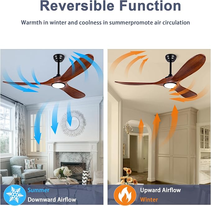 52-inch silent ceiling fan light with remote control, 3CCT, walnut finish. | 3CCT, mobile app, full memory function, for use in living rooms, dining rooms, bedrooms, offices, balconies, and outdoors.