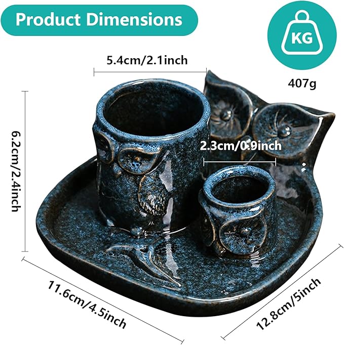 Comeon Palo Santo Holder, 4 in 1 Ceramic Owl Backflow Incense Burner Holder Candle Holder Sage Holder for Burning Bow(Blue)
