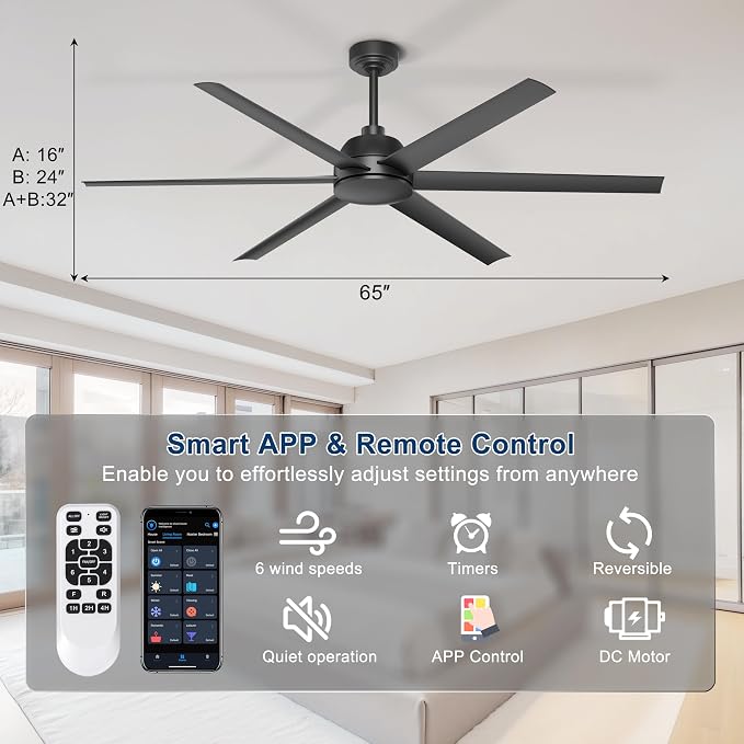 65 Inch Ceiling Fan No Light - Black Ceiling Fan with Remote & APP Control, Quiet Reversible DC Motor, 6 Blades, Indoor Outdoor Ceiling Fans without Light for Patio Living Room Garage Shop