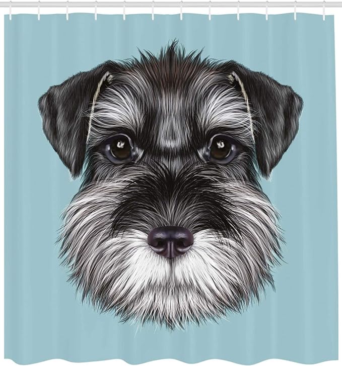 Ambesonne Animal Shower Curtain, Illustration of a Schnauzer on Blue Background Puppy Portrait, Cloth Fabric Bathroom Decor Set with Hooks, 69" W x 70" L, Pale Blue White Black