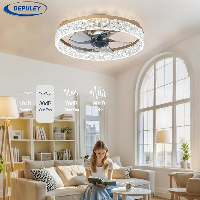 Depuley Ceiling Fans with Lights and Remote: 16" Modern Low Profile Flush Mount Ceiling Fan with App Remote Control - Gold Fandelier for Bedroom Living Room Kitchen Dimmable Quiet DC Motor