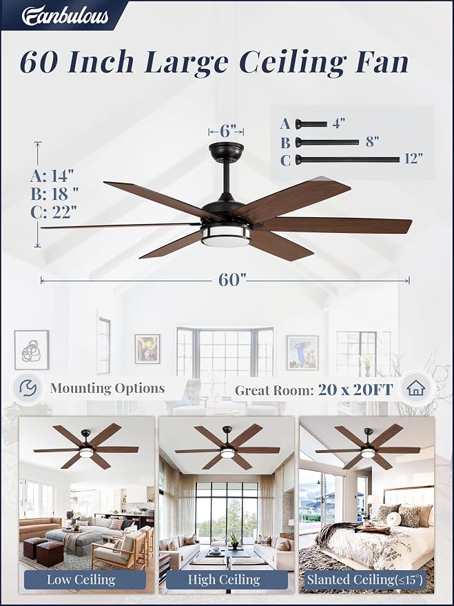 Fanbulous 60 Inch Ceiling Fans with Lights, Farmhouse Large Ceiling Fans with Remote, Black&Brown Modern Ceiling Fan with LED Light, Quiet DC Motor for Living Room, Bedroom, Kitchen, Indoor
