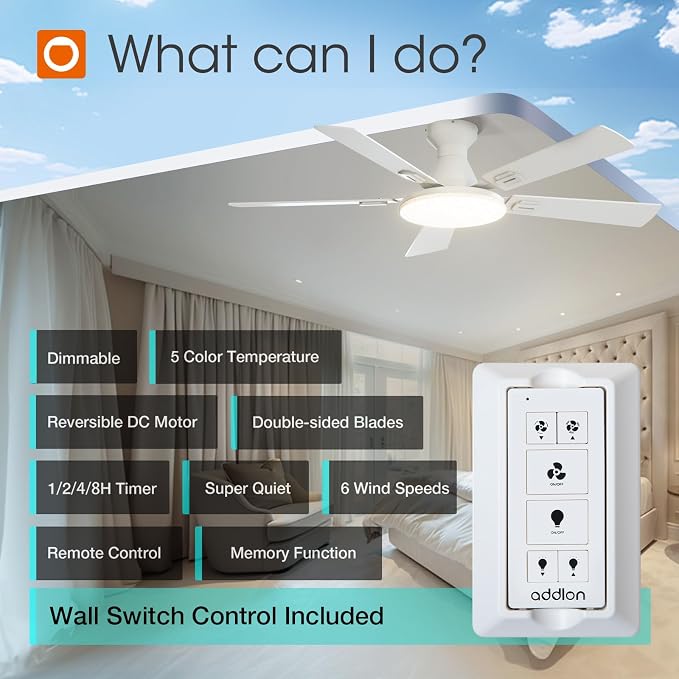 addlon Ceiling Fans with Lights, 52 inch Flush Mount Ceiling fan with Remote Control, Wall Remote, Reversible, 5CCT, Dimmable, Noiseless DC Motor, White Low Profile Ceiling Fan for Bedroom, Farmhouse