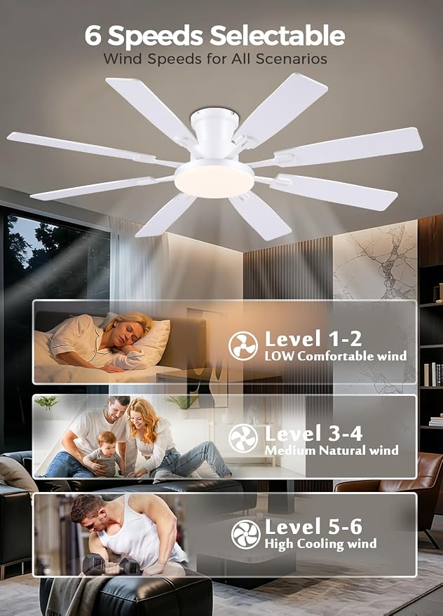 JSAITEE 60Inch Ceiling Fan with Lights, Large Low Profile Flush Mount,White | Ceiling Fans,DC Reversible Motor Noiseless, 3CCT Dimmable, Dual Finish, 6 Speeds Ceiling Fan for Indoor/Outdoor