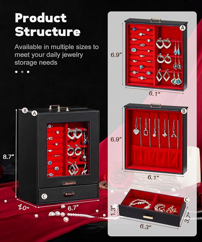 Homde Display Jewelry Box for Girls: Starter Organizer with Clear Window | Vertical Drawers for Earrings Rings Necklaces - Compact Footprint Fits Small Vanities - Birthday&Graduation Gift for Teens