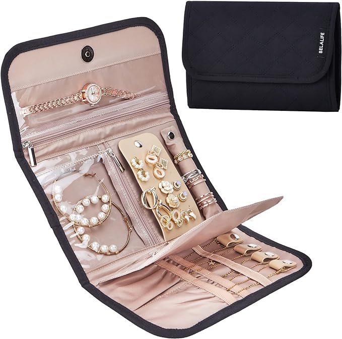BELALIFE Travel Jewelry Case, Jewelry Organizer Roll for Accessories | Bag with foldable roll design for earrings, necklaces, rings, bracelets and brooches,Black