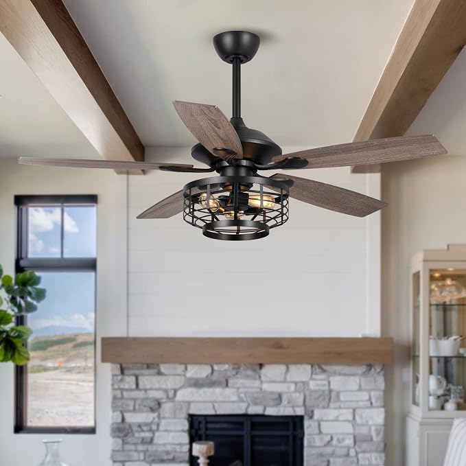 52 Inch Farmhouse Ceiling Fans with Lights and Remote Control, 5 Blades Lighting & Ceiling Fans with Timer, 3 Speeds Reversible Motor, Outdoor Ceiling Fan for Living Room, Bedroom, Patio