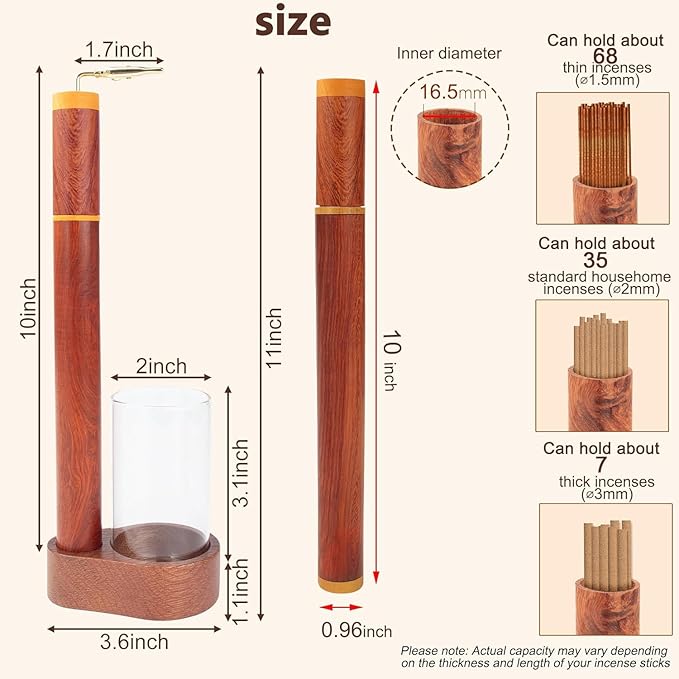 Wood Incense Holder for Sticks with Glass Ash Catcher-Airtight StorageTube,Portable Incense Burner for Yoga Meditation Travel Home Gift