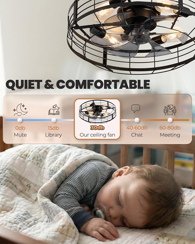 23 Inch Farmhouse Caged Ceiling Fan with Light, Remote Control Flush Mount Fan Lights Ceiling Fixtures, 6 Speeds Reversible Motor Bladeless Indooor Lights for Kitchen, Living Room, Bedroom, Black