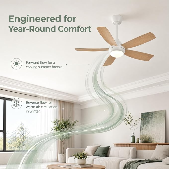 42 inch Ceiling Fan with Lights, 5 Blades, 6 Speeds DC Reversible, Dimmable, Low Profile Ceiling Fan with Light and Remote Control for Bedroom or Living Room