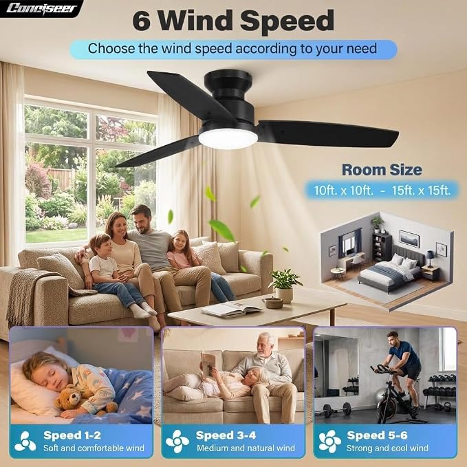 Conciseer Modern 42 Inch Ceiling Fans with Lights and Remote for Bedroom Office, Flush Mount, 18W 6CCT Dimmable, Dual Color 3 Blades 6 Speed FReversible Quiet DC Motor Black/Wood Grain