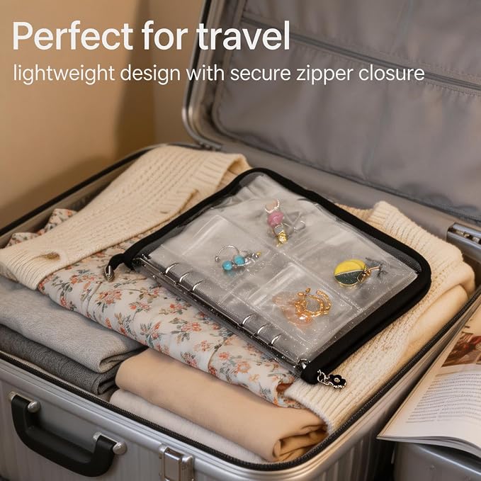 Earring Organizer Case Travel Jewelry Organizer Transparent Jewelry Storage Book for Necklace Bracelet Ring Holder with Small Clear Zippered Pouch