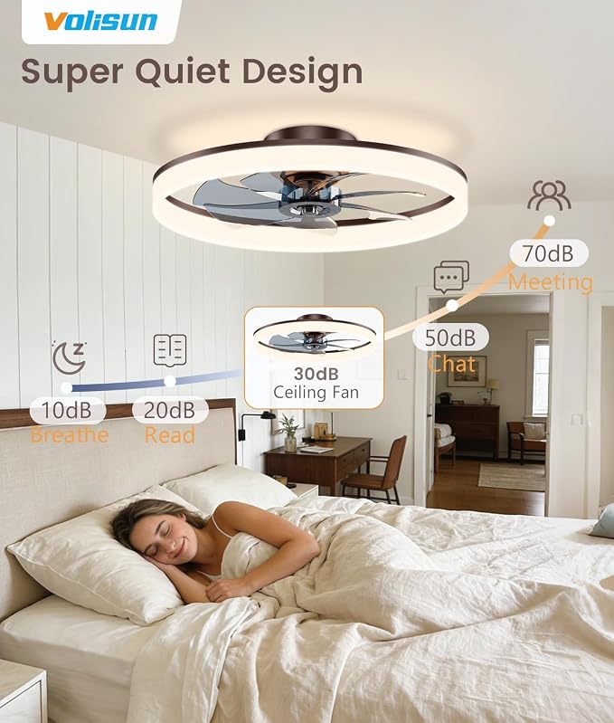 VOLISUN Low Profile Ceiling Fans with Lights and Remote, 24in Fandelier Ceiling Fan Flush Mount, 3000K-6500K Smart Bladeless LED Fan Light, Brown Modern Ceiling Fans with Lights for Bedroom