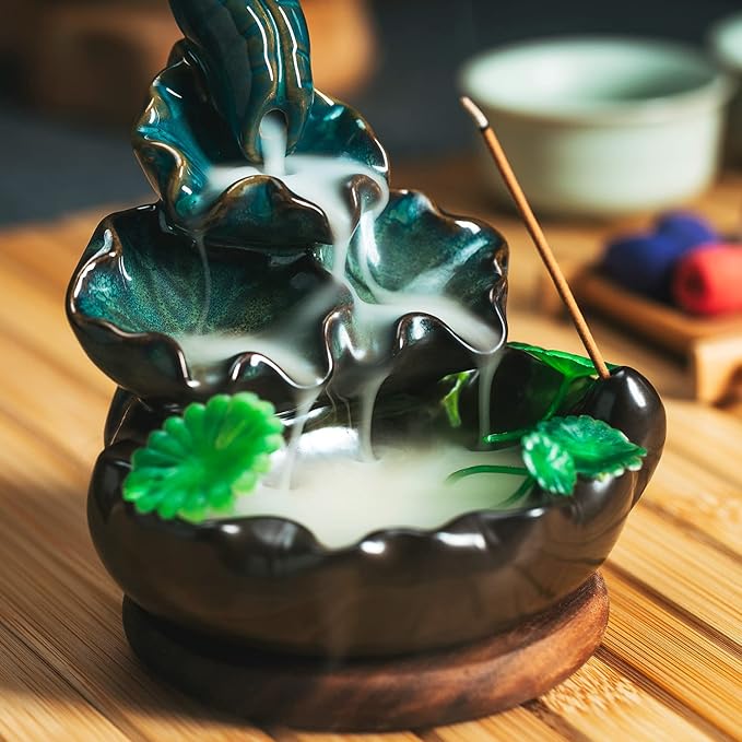 Cute Ceramic Backflow Incense Holder Waterfall Incense Burner with 48 Incense Cones and 30 Incense Stick, Incense Fountain for Home Decor, Desk Decor(Cyan)