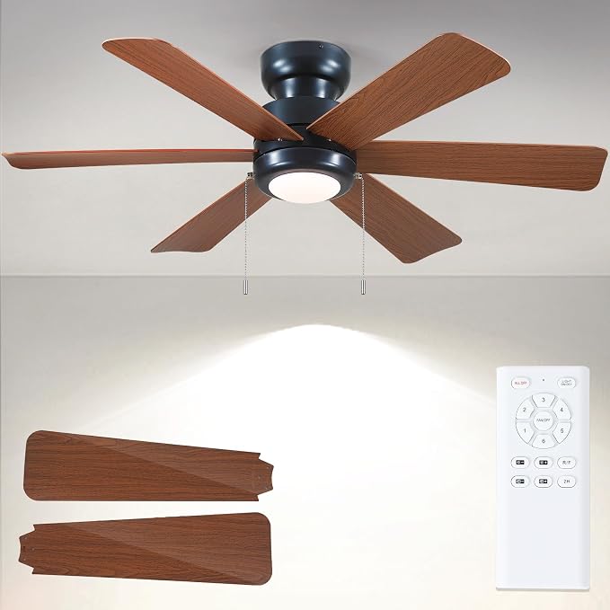 Hounberi 46" Low Profile Black Ceiling Fan Pull Chain with Light and Remote | Flush mount modern design. Features 3-CCT dimmable LED & quiet reversible motor. Ideal airflow for bedroom & living room