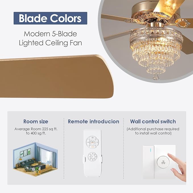 52"Golden Crystal Chandelier Ceiling Fans with Lights and Remote Control | Classical Design,6 Reversible Speeds,30W Quiet DC Motor,5 Wooden Blades,2*E12 LED Bulbs Included,for Living Room Bedroom