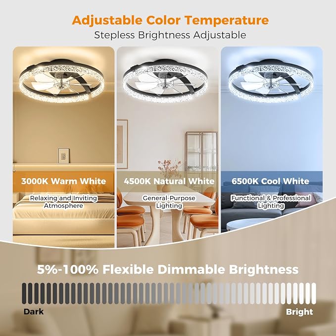 Ceiling Fans with Lights and Remote, Low Profile Ceiling Fan, Morden Flush Mount LED Fan Light, 3000K-6500K Dimmable for Bedroom, Kitchen, Living Room, Srystal, Black