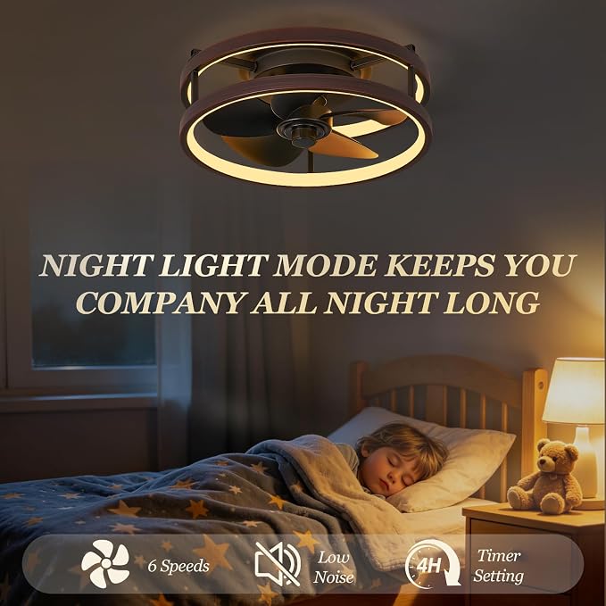 13 Inch Small Ceiling Fan with Light and Remote, Low Profile Flush Mount Fandelier, Dimmable 3CCT Quiet LED Ceiling Fans for Bedroom Iron Walnut