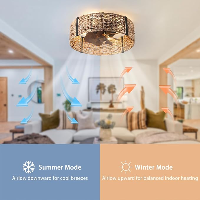 Ganeed 20" Boho Fandelier Ceiling Fan with Light, Rattan Caged Ceiling Fan with Light and Remote Control, Quiet Reversible Motor Enclosed Low Profile 6 Speeds for Bedroom Living Room Porch Kids Room