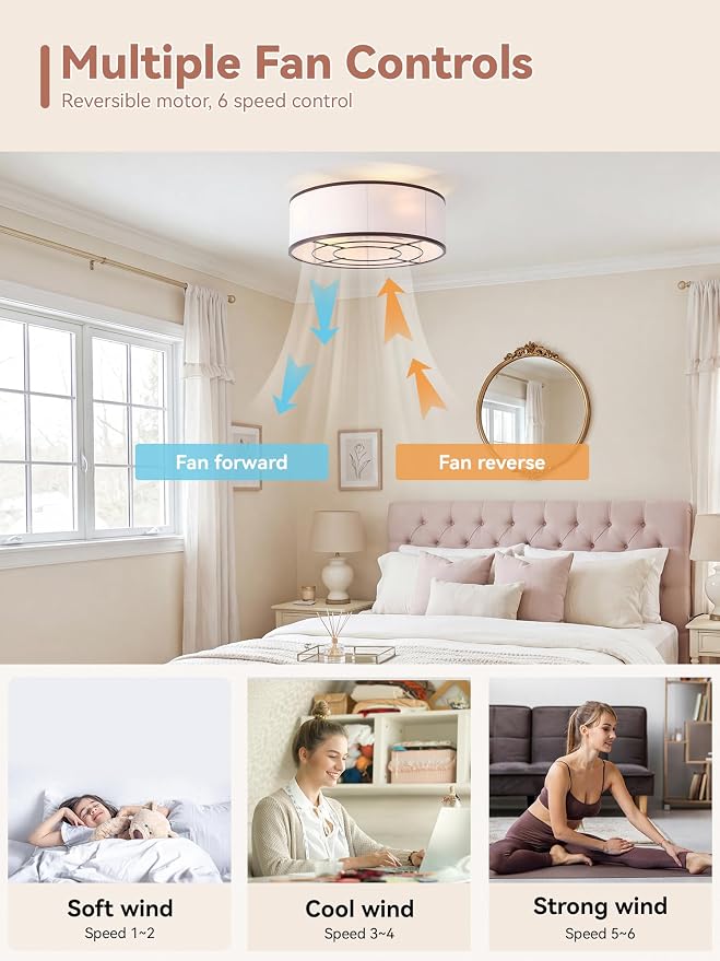 Low Profile Ceiling Fans with Lights, 20" Brown Boho Ceiling Fan with Light Flush Mount and Remote Control, Drum Caged with 6 Speeds for Bedroom, Nursery, Living Room
