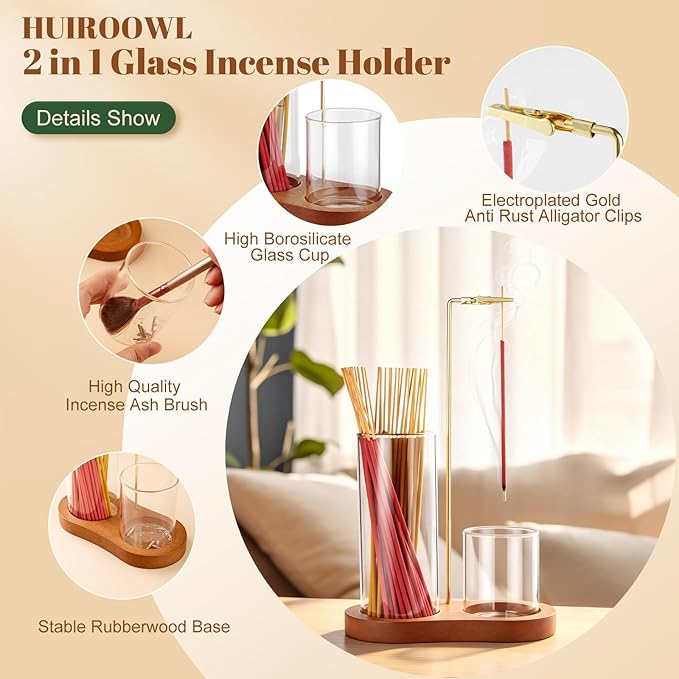2 in 1 Glass Incense Holder for Sticks, Upside Down Incense Burner with Ash Catcher & Storage for Yoga Spa Home Decor Meditation - Brush & 40 Incense Sticks