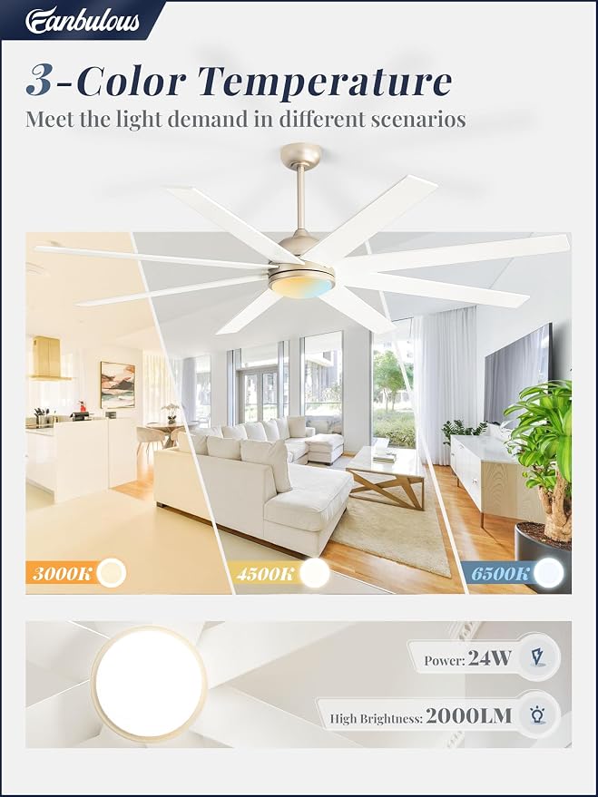 Fanbulous Ceiling Fans with Lights, 72 inch Large Ceiling Fan with Light and Remote, Champaign Gold Ceiling Fan for Living Room Patio, 6 Speeds, Reversible Quiet DC Motor, 3 CCT, Bi-color 8 Blades