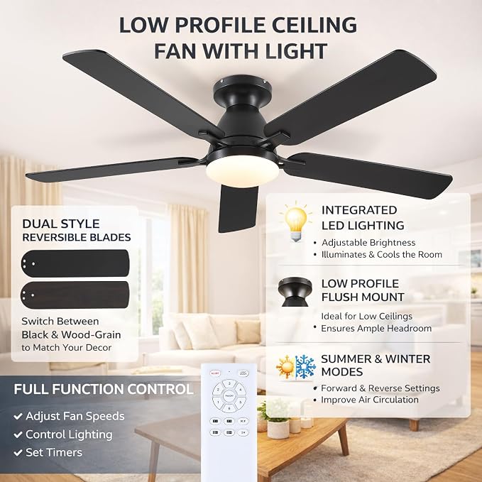 52 Inch Ceiling Fans with Lights and Remote, Flush Mount, Black | Low Profile, Dimmable LED, Reversible, Quiet DC Motor, Wooden Blades, for Modern Apartment Bedroom Home Office Living Room