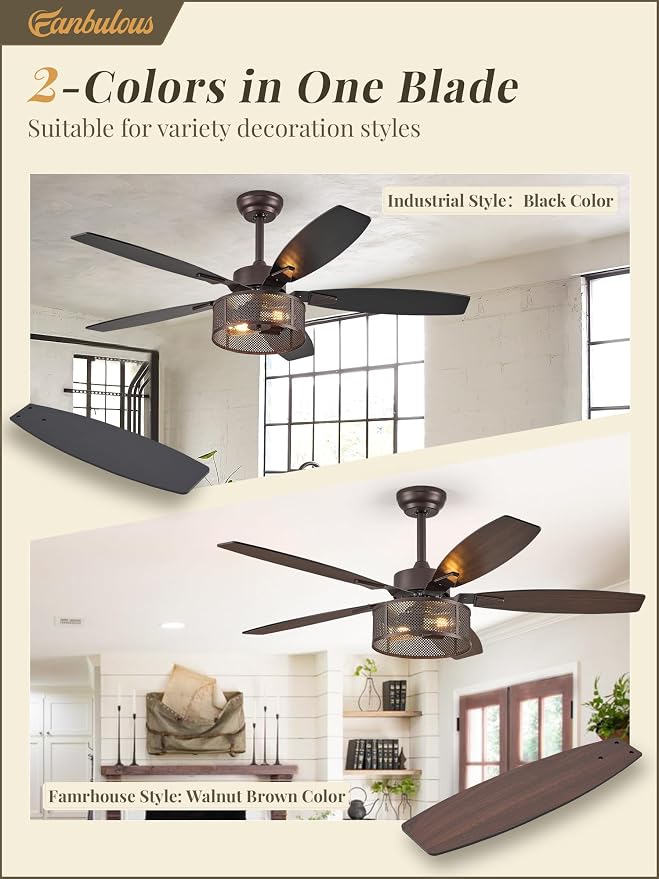 Fanbulous Farmhouse Oil Bronze Ceiling Fans with Lights and Remote, 52 Inch Bedroom Caged Ceiling Fans for Living Room Kitchen，6 Speed Reversible Quiet DC Motor, Dual Finish 5 Blades