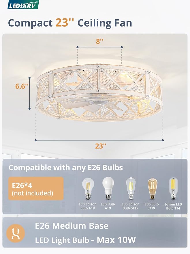 LEDIARY 23" Caged Ceiling Fan with Light, APP&Remote Control, Large Flush Mount Farmhouse Fan Lights, Low Profile Rustic Bladeless Ceiling Fan Fixtures for Bedroom, Kitchen-White Gold Color