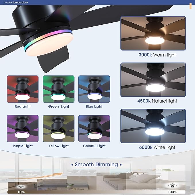 Wiviniya 46 Inch Black Flush Mount Ceiling Fans with Lights, 5 Blades Reversible, 6-Speed 2H Timer, RGB & 3 CCT Dimmable, Remote & APP Control for Bedroom Kidsroom