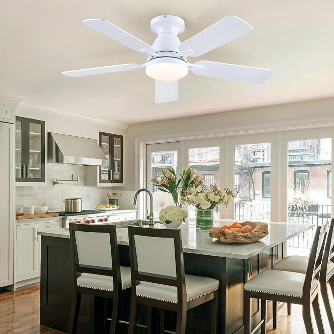 46 Inch Ceiling Fans with Lights and Remote, Flush Mount, White | Low Profile, Dimmable LED, Reversible, Quiet DC Motor, Wooden Blades, for Modern Apartment Bedroom Home Office Living Room