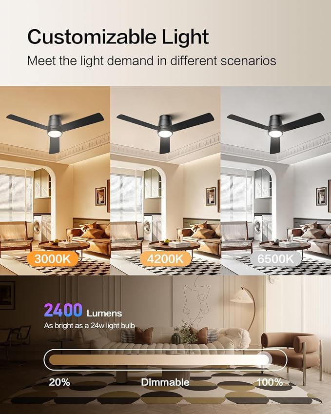 Ceiling Fans with Lights and Remote 46 inch, Flush Mount Low Profile Ceiling Fan with Light for Bedroom Living Room, Quiet Reversible DC Motor, 3CCT Dimmable 24W LED, 6 Speeds