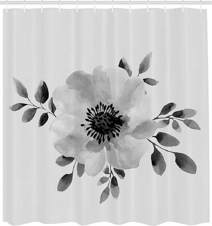 Ambesonne Flower Shower Curtain, Watercolor Image of Single Plant and Leaves Abstract Botany Design Modern Artwork, Cloth Fabric Bathroom Decor Set with Hooks, 69" W x 70" L, Pale Grey